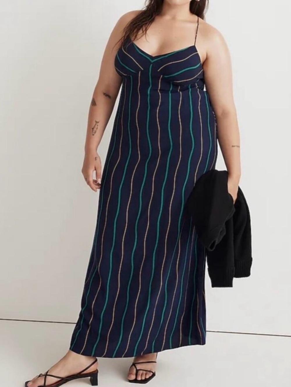 Madewell Navy Layton Midi Slip Dress with Teal Stripes 14